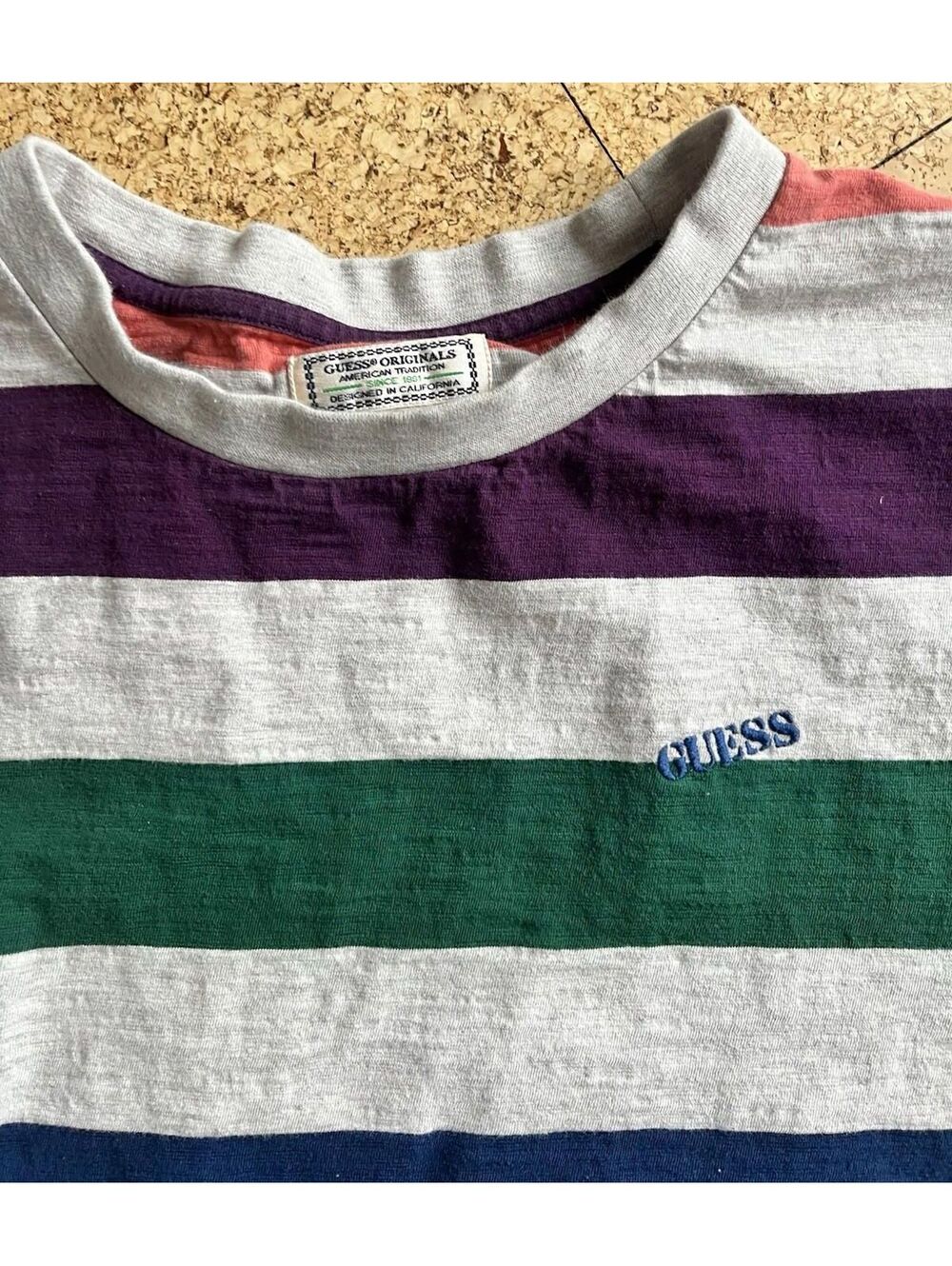 Vintage GUESS Embroidered Logo T-Shirt Men's Large Baggy Oversized Striped Sk8